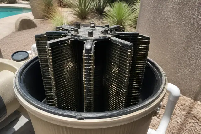 Technician inspecting dirty pool filter grid cartridges at a residential jobsite in Tempe, AZ.