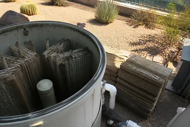 Open pool filter housing with dirty cartridges on the ground during a pool service in Scottsdale, AZ.