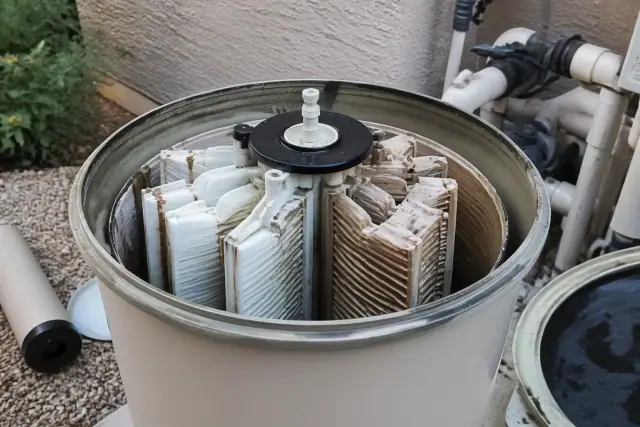 Technician cleaning a pool filter with visible debris inside the housing at a residential property in Peoria, AZ.