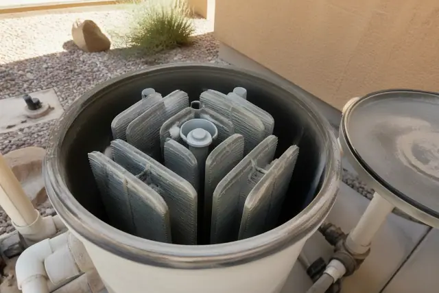 Open pool filter housing with stacked grid cartridges during maintenance at a residential home in Goodyear, AZ.