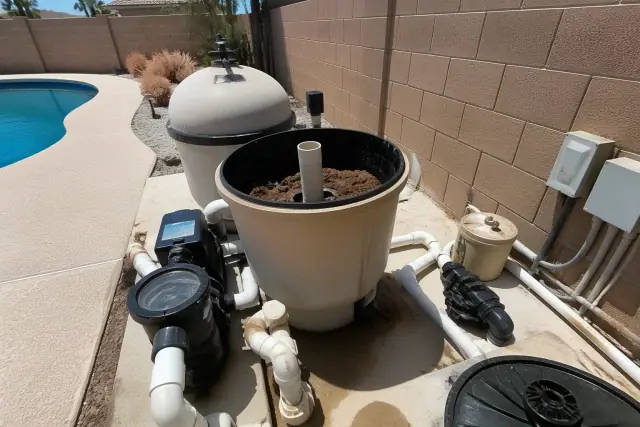 Opened pool filter housing with debris on a backyard equipment pad in Avondale, AZ.
