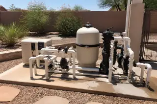Organized pool filtration tanks and new plumbing on a concrete equipment pad in a Phoenix, AZ backyard.