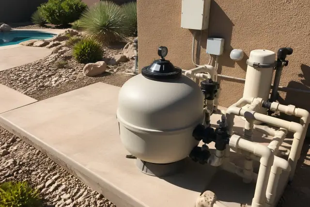Pool filter service completed on equipment in a sunny xeriscaped backyard in Phoenix, AZ.