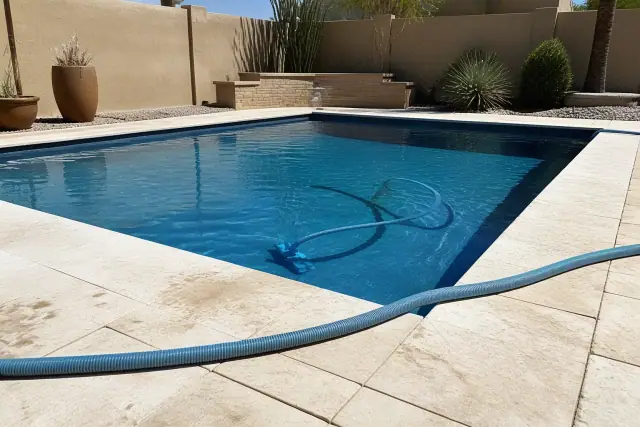 Pool vacuum head and hose cleaning a residential swimming pool in Phoenix, AZ.