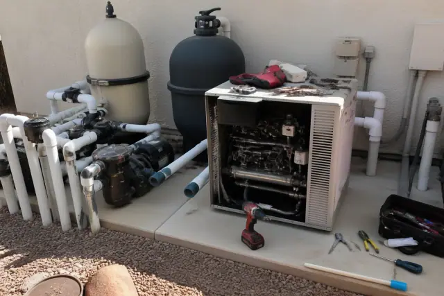 Pool heater repair work in progress on a residential pool system in Phoenix, AZ.
