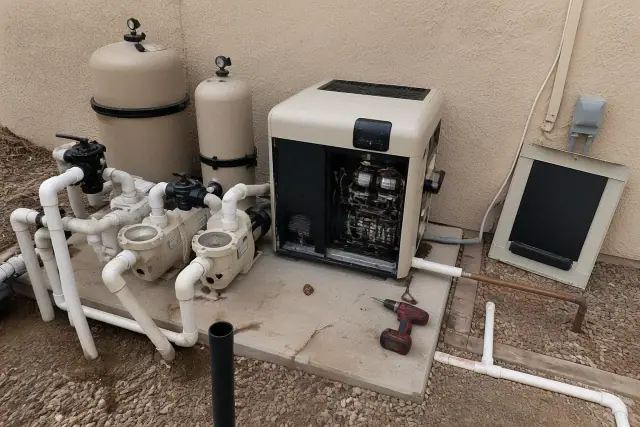 Technician repairing a pool heater with exposed wiring and plumbing pipes at a residential jobsite in Phoenix, AZ.