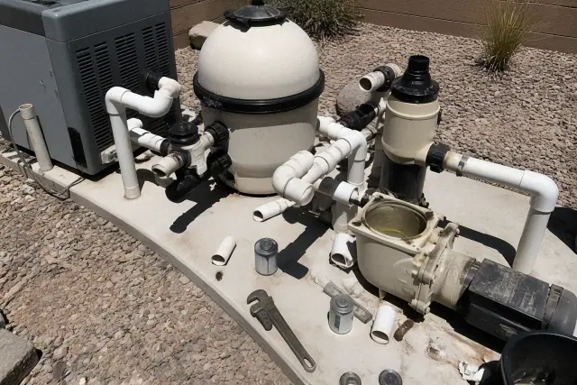 Pool pump equipment repair on a concrete slab in a xeriscaped Phoenix, AZ backyard.