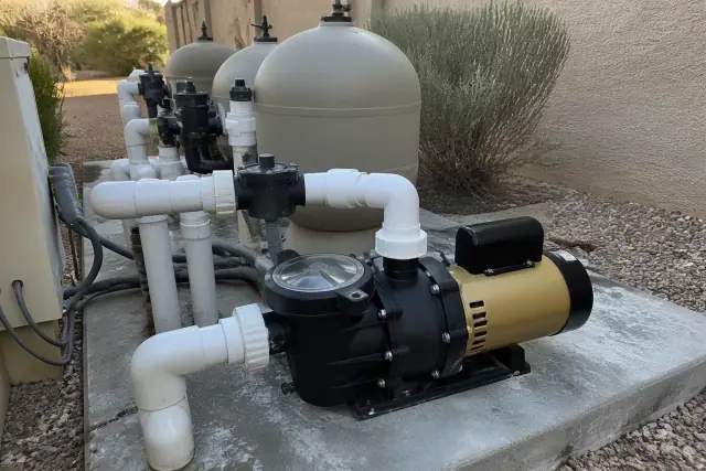 Pool pump and motor repair with new PVC couplings on a concrete equipment pad in Phoenix, AZ.