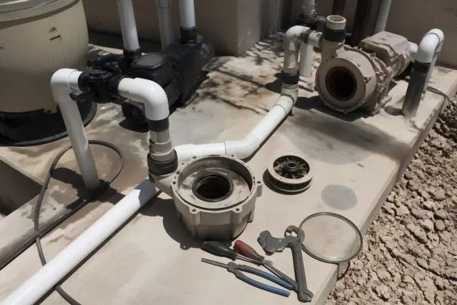 Technician repairing a pool pump on a concrete slab with exposed plumbing in Phoenix, AZ.