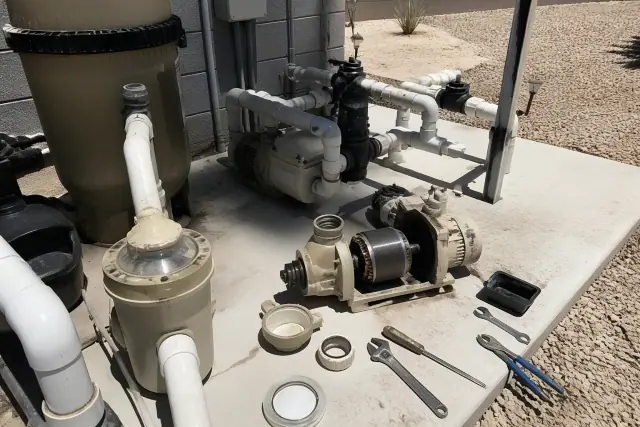 Technician repairing a pool pump motor on a concrete slab in Goodyear, AZ.
