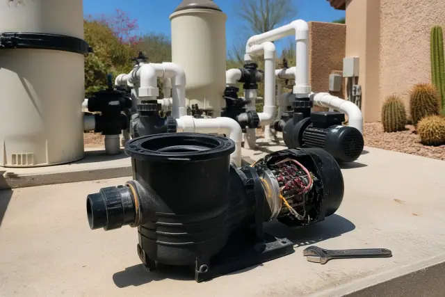 A technician's view of a pool pump repair with exposed motor wiring and a wrench on a concrete slab in Scottsdale, AZ.