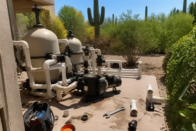 Pool pump repair with a wrench and plumbing fittings on a concrete slab in Paradise Valley, AZ.