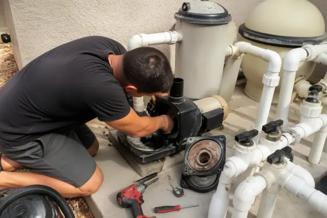 Technician using hand tools to repair a pool pump on a concrete pad in Peoria, AZ.
