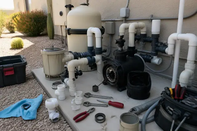 Pool pump repair in progress with tools and plumbing on a concrete slab at a residential home in Phoenix, AZ.