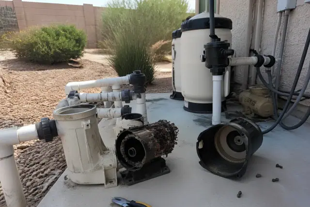 Technician repairing a disassembled pool pump on a concrete equipment pad in Mesa, AZ.