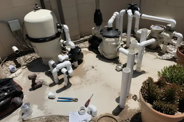 Pool pump repair in progress with tools and disconnected PVC fittings on a concrete pad in Tempe, AZ.