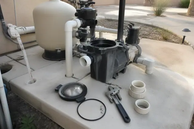Pool pump repair service showing tools and disconnected plumbing on a concrete pool pad in Glendale, AZ.