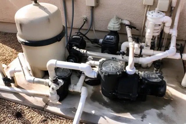 New pool pump with PVC fittings on a concrete filtration pad at a home in Phoenix, AZ.