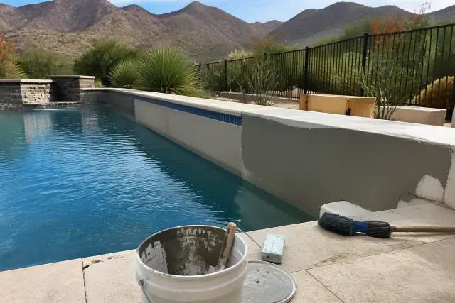 Pool repair work with sealant on a residential pool deck in Paradise Valley, AZ, featuring desert landscaping and mountains.