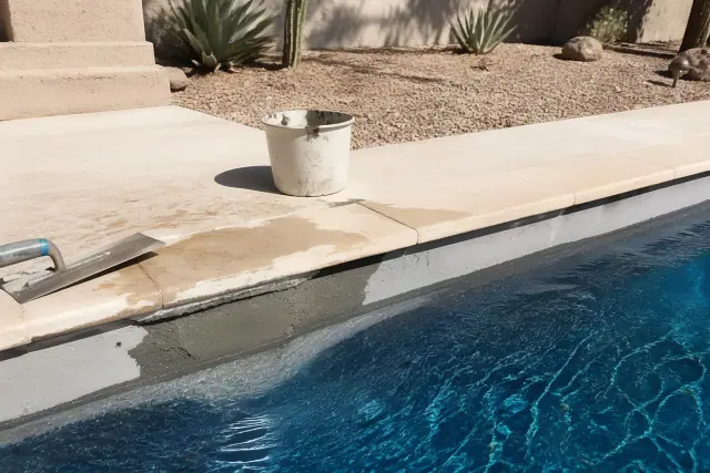 A pool contractor repairing a crack with mortar on a pool deck in Tempe, AZ.