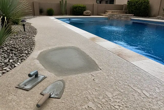 Pool repair work in progress with mortar and trowel tools on a deck by a swimming pool in Avondale, AZ.