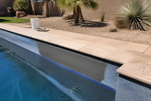 Fresh hydraulic cement patch on a residential swimming pool wall in Peoria, AZ.