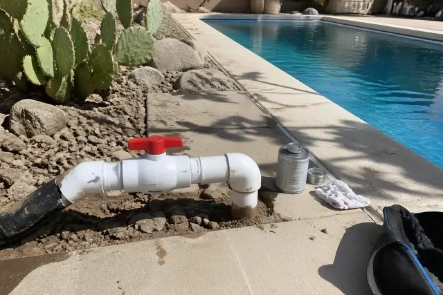 A replaced PVC return valve and piping with fresh adhesive on a residential pool deck in Mesa, AZ.