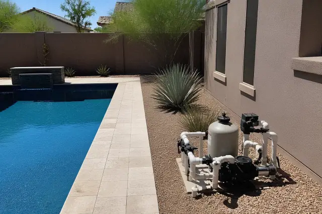Rectangular swimming pool with desert landscaping and agave plants at a home in Phoenix, AZ.