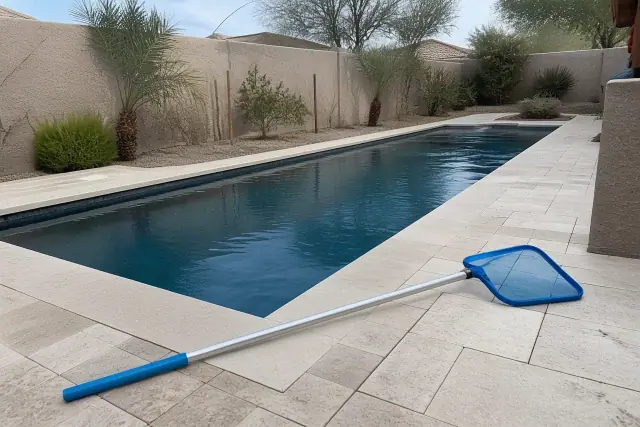Telescopic pole and skimmer net on the deck of a rectangular residential pool in Phoenix, AZ.