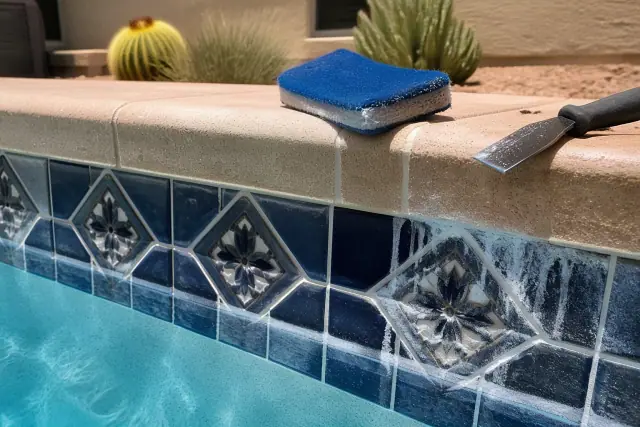 Professional pool tile cleaning at a residential backyard in Peoria, AZ, showing calcium scale removal from the waterline.