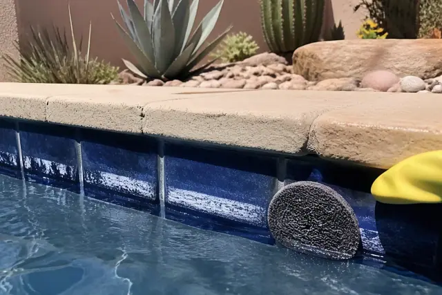 Pool tile cleaning with mineral deposits on ceramic tiles at a residential pool in Tempe, AZ.