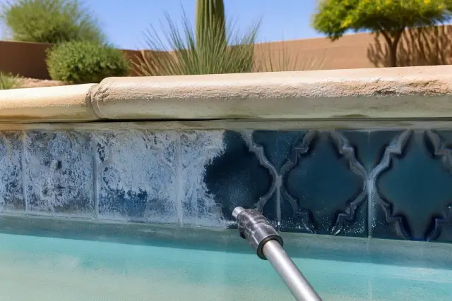Technician cleaning calcium deposits from pool tiles at a job site in Chandler, AZ.