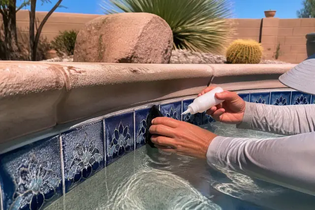 Technician cleaning calcium deposits from pool waterline tiles in Goodyear, AZ.