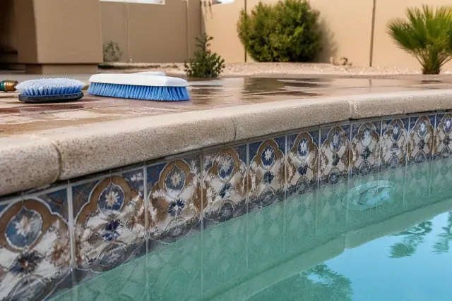 Cleaning mineral deposits from pool waterline tiles in a backyard in Gilbert, AZ.