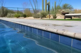 Clean ceramic waterline tiles on a rectangular pool with desert landscaping in a Phoenix, AZ backyard.