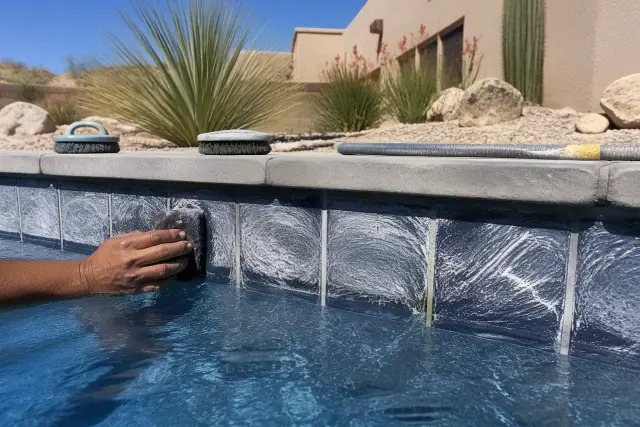 Contractor cleaning pool tiles with abrasive pads in a residential backyard in Phoenix, AZ.