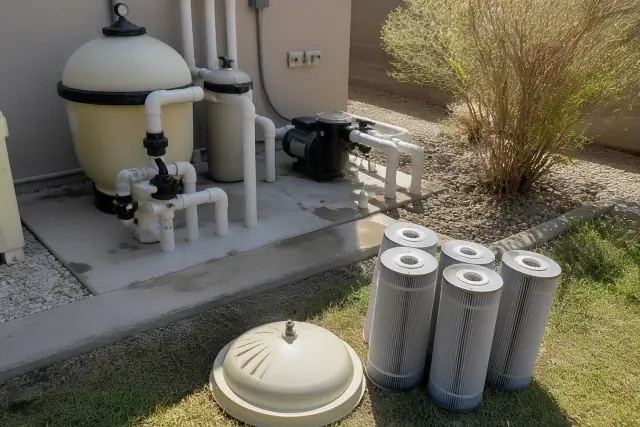 Clean pool filter cartridges and open filter housing on a concrete pad at a residential home in Phoenix, AZ.