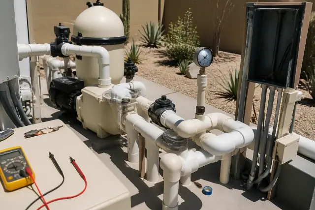Pool pump system diagnostic work with multimeter and pressure gauge on a concrete slab in Phoenix, AZ.
