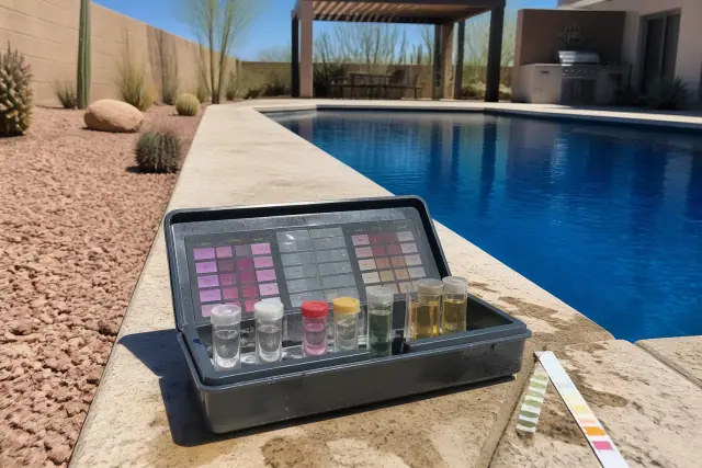Handheld water chemistry test kit and vials on a poolside deck at a home in Phoenix, AZ.