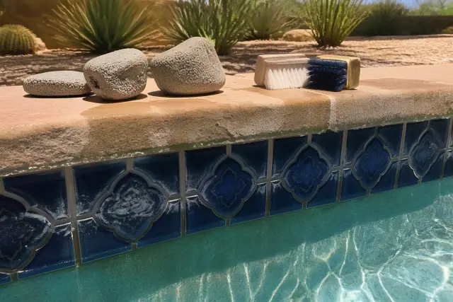 Pumice stones and scrubbers cleaning mineral deposits from pool tiles in a Phoenix, AZ backyard.