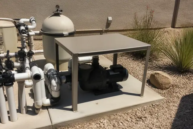 A shade structure over pool pump motors and equipment on a concrete slab at a residential site in Phoenix, AZ.