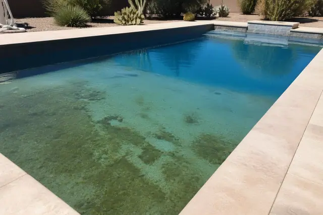 Recurring green algae on rough, aging plaster at the bottom of a residential swimming pool in Phoenix, AZ.