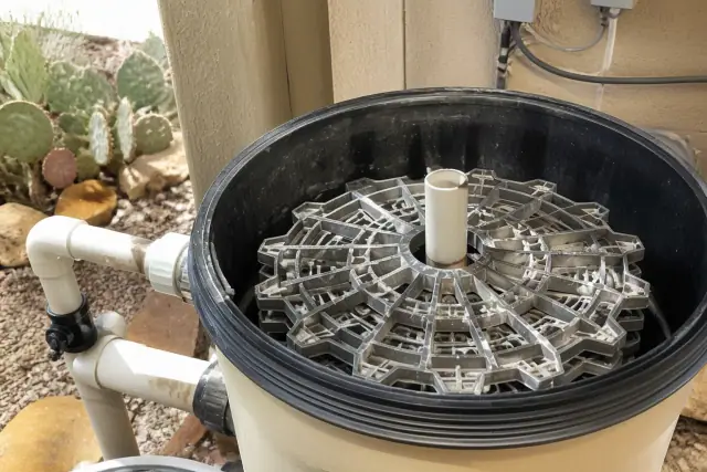 Opened pool filter housing with stacked grid cartridges during a residential cleaning service in Phoenix, AZ.