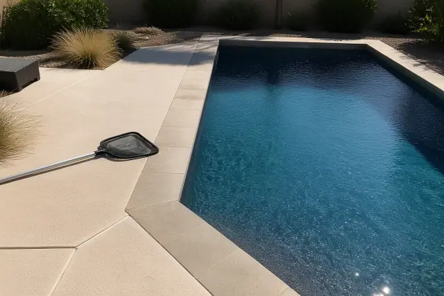Rectangular swimming pool with blue water and a skimmer net on the concrete deck in Phoenix, AZ.