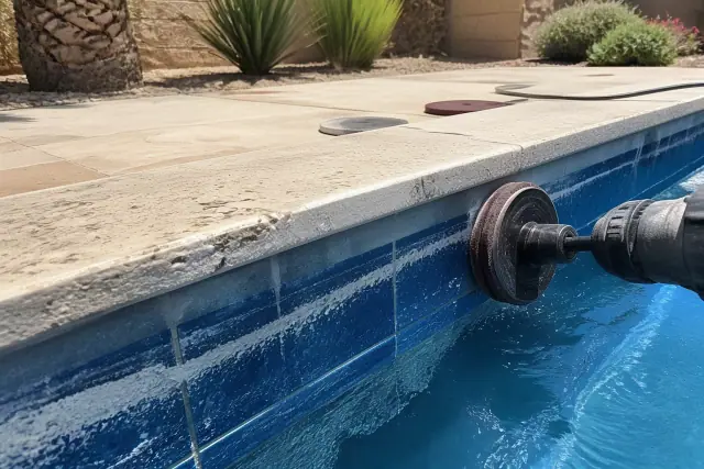 Rotary pumice and diamond pads cleaning pool tile at a residential backyard in Phoenix, AZ.