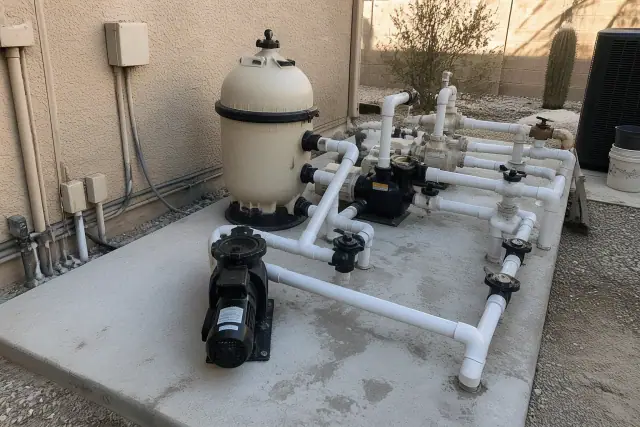 Salt water pool pump system with filtration tanks and exposed plumbing on a concrete slab in Phoenix, AZ.
