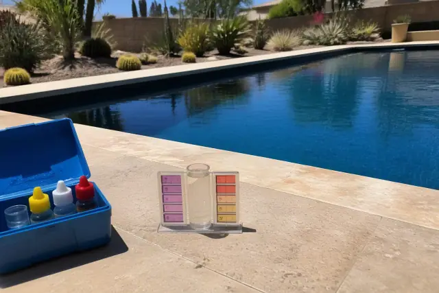 Testing vial with pool water and chemical reagents on a pool deck in Phoenix, AZ.