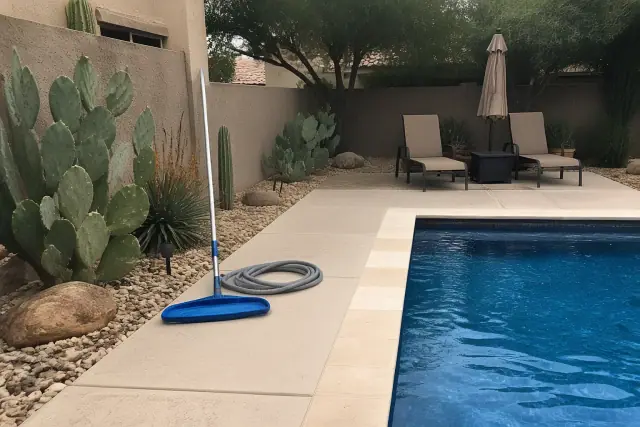 A clean backyard swimming pool with xeriscape landscaping and cactus in Phoenix, AZ.