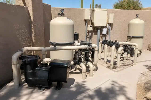 Variable-speed pool pump with filtration tanks and plumbing on a concrete slab in Phoenix, AZ.