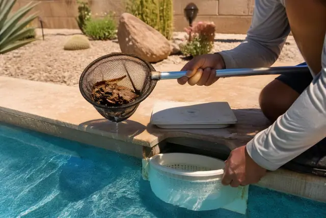 A technician cleaning a pool skimmer basket in Phoenix, AZ, surrounded by desert landscaping under bright sunlight.